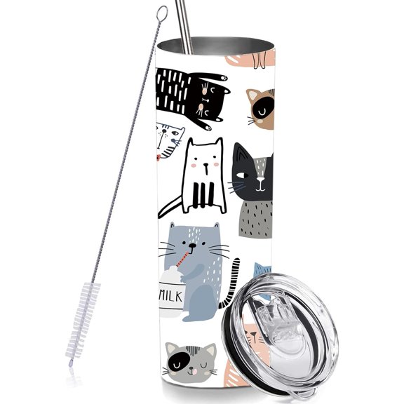 Cute Cat Skinny Tumbler Cup with Straw Lid, 20 OZ Stainless Steel Insulated Vacuum Slim Travel Coffee Mug for Cat Lover Girls Women