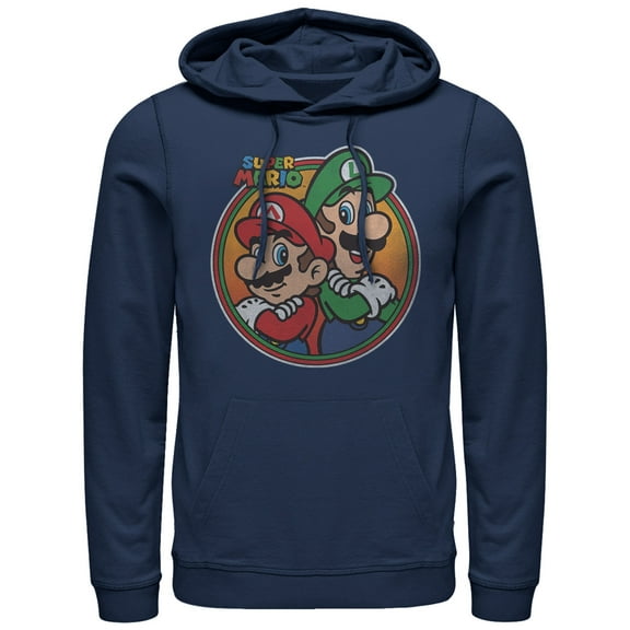 Men's Nintendo Mario Luigi Back to Back  Pull Over Hoodie Navy Blue Large