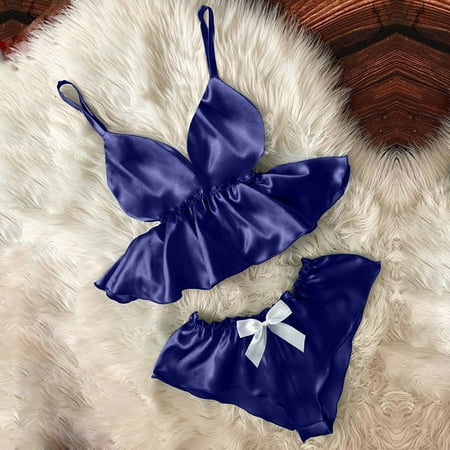 

3PC Lingerie For Women V-Neck Eyelash Lace Sexy Stain Camisole Pajamas Bowknot Shorts Set