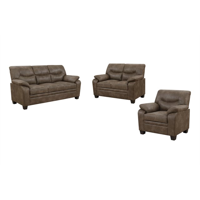 Meagan 3 Pc. Upholstered Pillow Top Arm Sofa Set in Brown