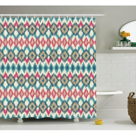 Ikat Shower Curtain Asian Style Tied Knotted Triangle Figure Ikat Shower Curtain Asian Style Tied Knotted Triangle Figure Handmade Effect Traditional Boho Design Fabric Bathroom Set With Hooks Cream Red Teal