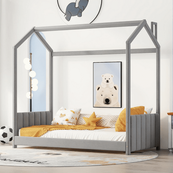 Bellemave Twin Size House Bed, Velvet Montessori Floor Bed with Headboard & Footboard, Twin Bed Frame for Girls Boys(Twin, Grey)
