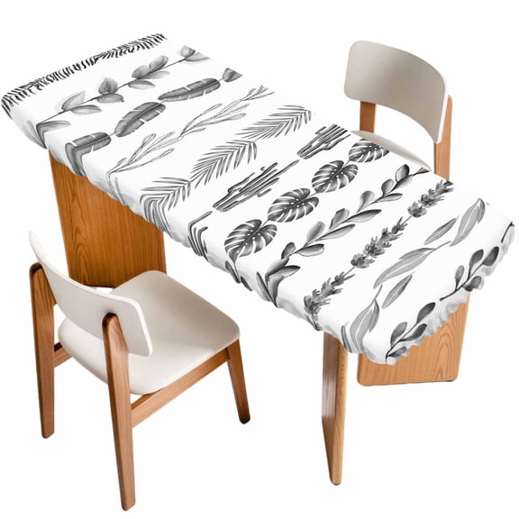 Black Botanical Table Cloths for 8 Foot Rectangle Tables, Modern Farmhouse Tropical Leaves Patio Waterproof Elastic Fitted Tablecloths, Washable Rectangular Table Cover for Camping