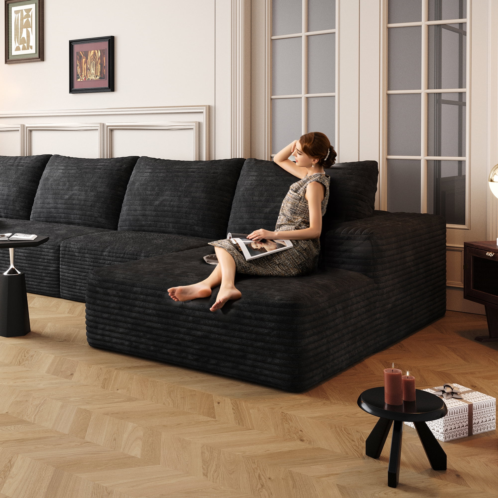 MAYEERTY 135" Cloud Sectional Couch with L-Shape Chaise, Modern Modular Deep Seat Sofa, No Assembly Plush Corduroy Fabric, Black (3 packages)