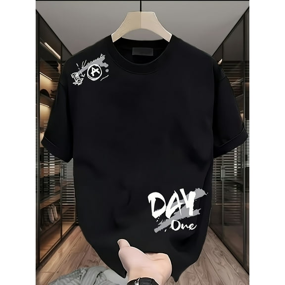 Heavy duty 100% cotton oversized crew neck short sleeve t-shirt with "DAY ONE" graphic - Men's casual streetwear, loose fit, machine washable, all season comfort