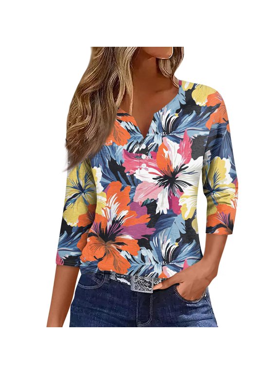 Womens Going Out Tops Casual Baggy Three Quarter Sleeve Button V Neck Soft Stylish Plus Size Comfort Orange Size L