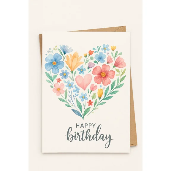 Floral Heart Happy Birthday Card – Vibrant Watercolor Design – Blank Inside with Kraft Envelope – Perfect for Celebrating Birthdays