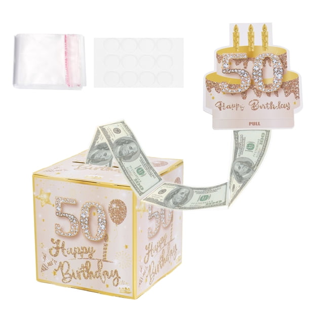 Caja de dinero para el 50 cumpleaños, caja de regalo de dinero con 100 bolsas transparentes para sorpresas de cumpleaños, decoraciones de fiesta para mujeres y niñas.