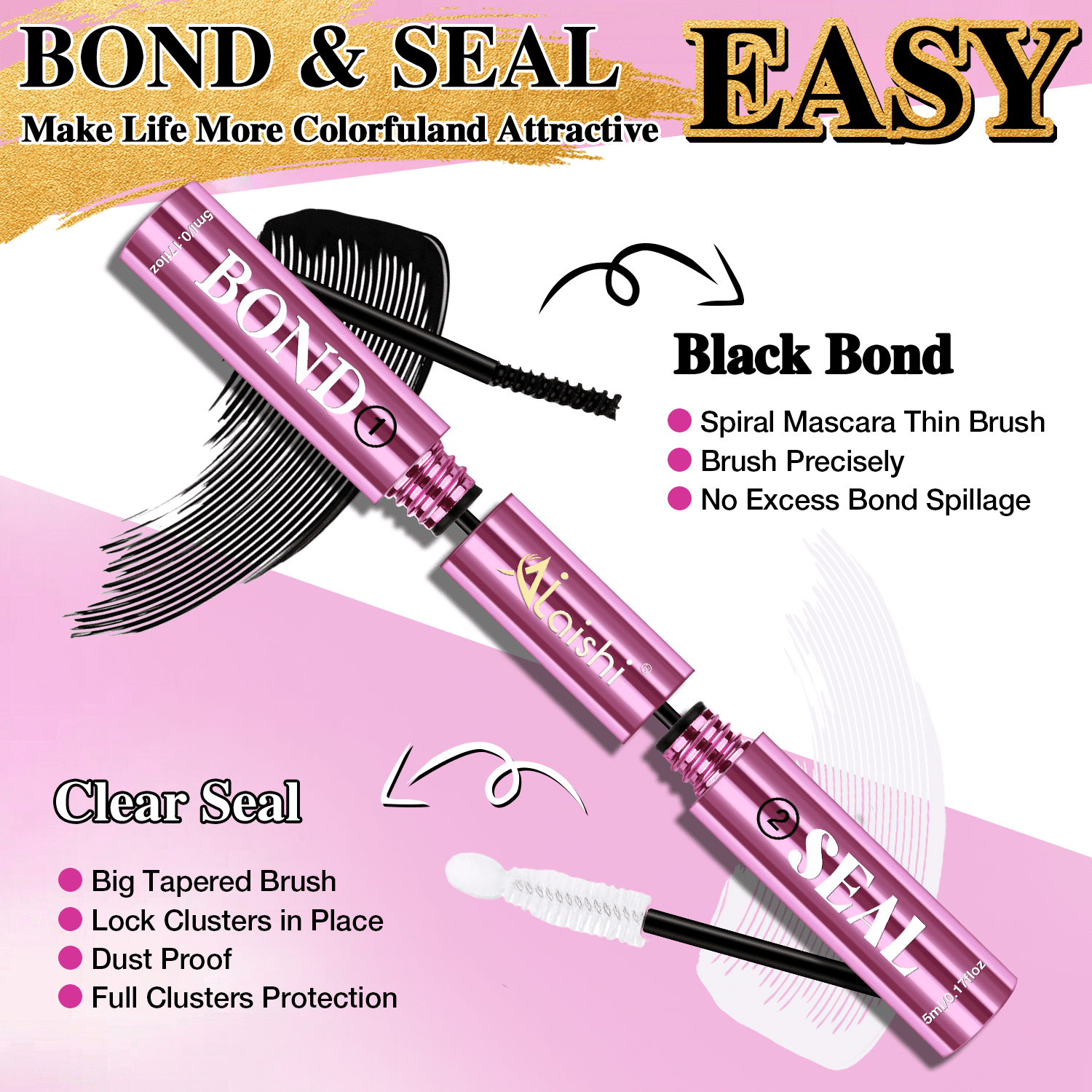 Lash Clusters Glue, Eyelash Bond and Seal, Long-Lasting 150H Waterproof, Non-Irritating Lash Extension Glue for DIY Individual Lashes at Home (Black-5ml+5ml)