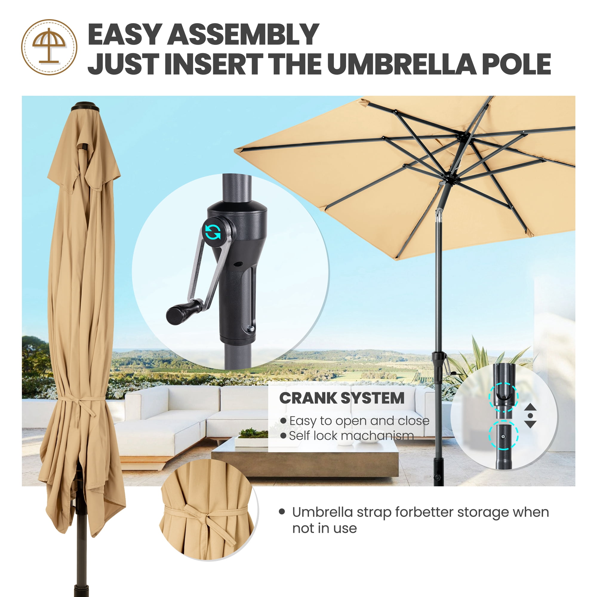Crestlive Products 9 x 5 ft Patio Outdoor Rectangular Market Umbrella, Tan