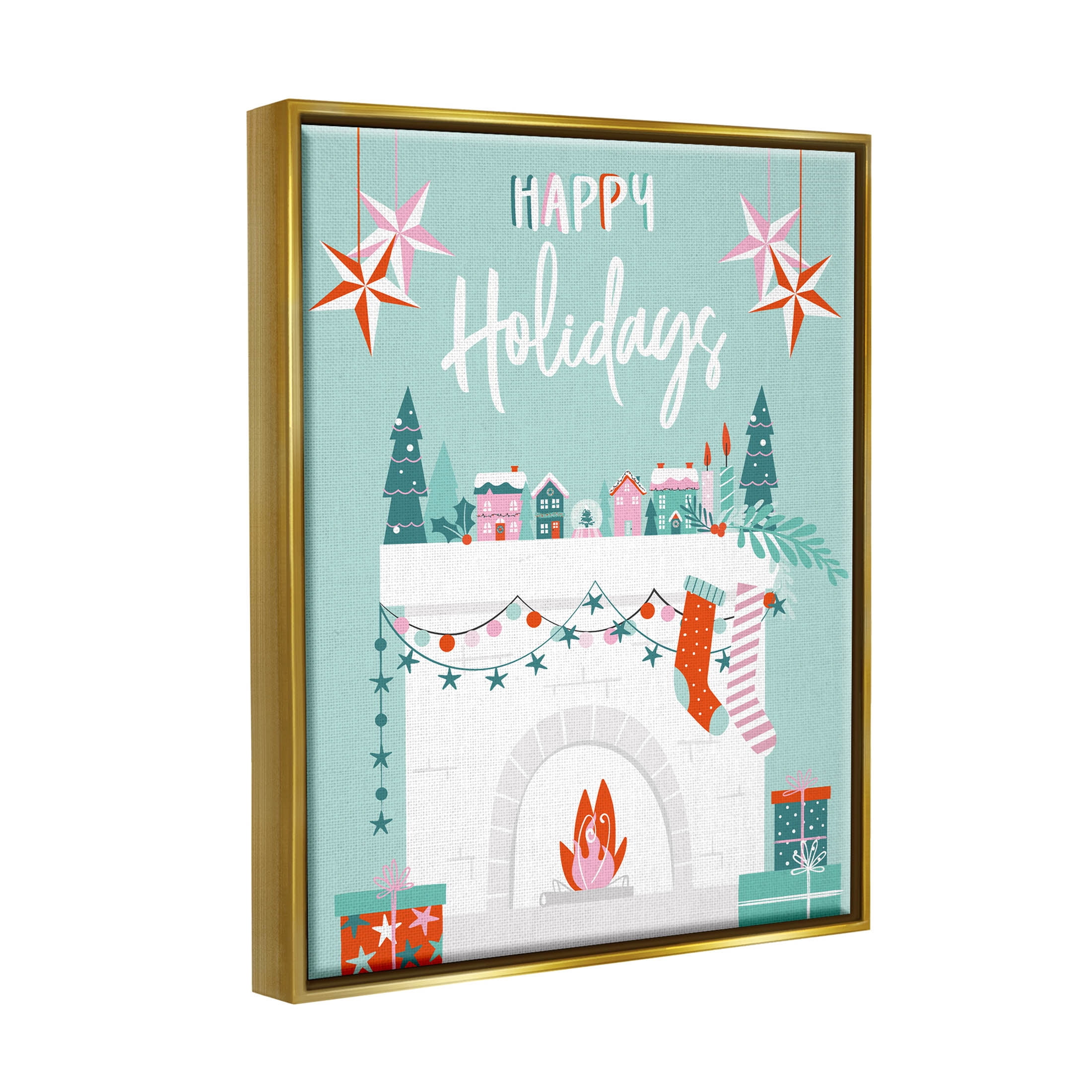 Happy Holidays Festive Mantle Stockings Holiday Graphic Art Metallic Gold Framed Art Print Wall Art