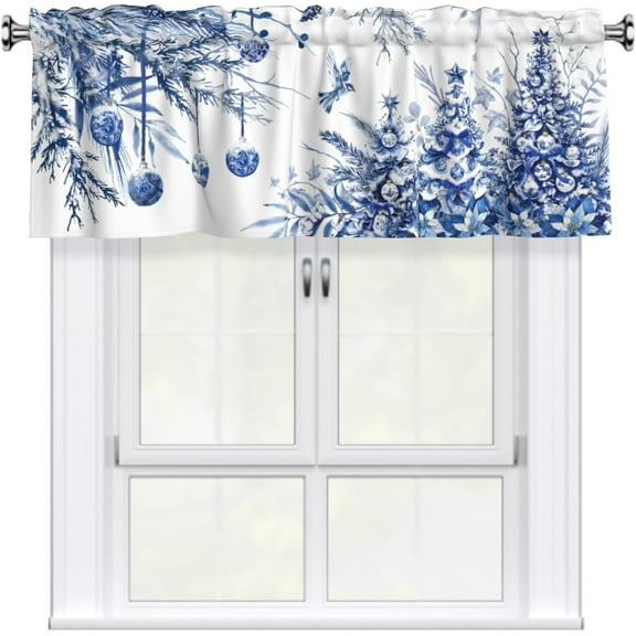 Christmas Tree Kitchen Valance Curtains Blue and White Chinoiserie Xmas Valence Curtain Winter Windows Treatments Rod Pocket for Bedroom Bathroom Decor 18x54 Inch