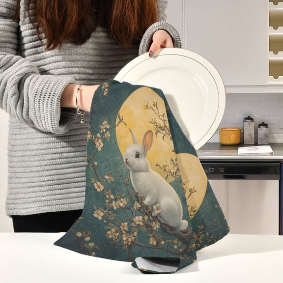 BZSMCE Kitchen Towels Creative Jade Rabbit Moon and Osmanthus Tree Pattern Durable Kitchen Towel