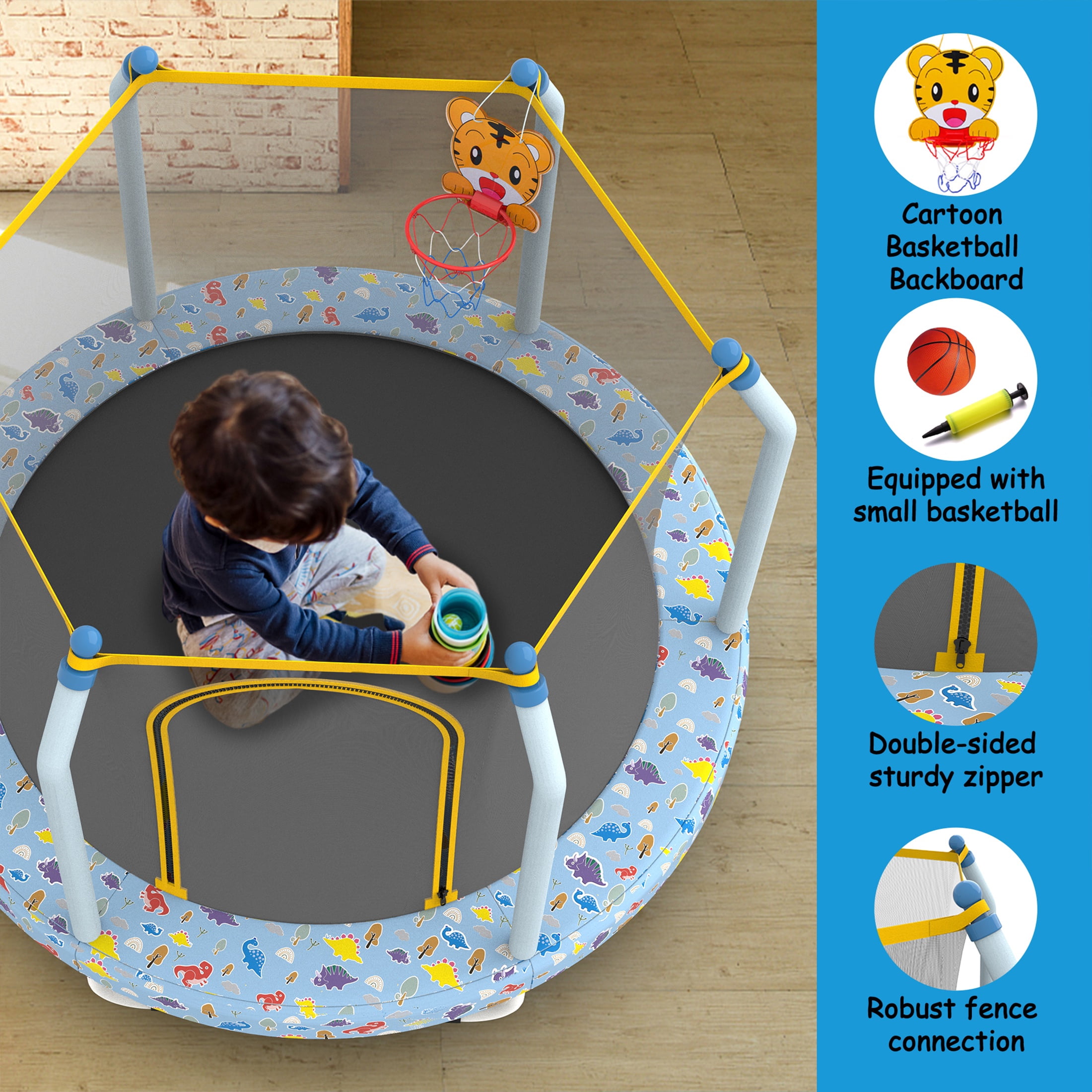55" Toddler Trampoline with Enclosure Net, SHINPT Child's Mini Trampoline with Basketball Hoop, Round Recreational Tranpolines for Birthday Gifts, Kids Trampoline for Aged 3-6, Indoor & Outdoor