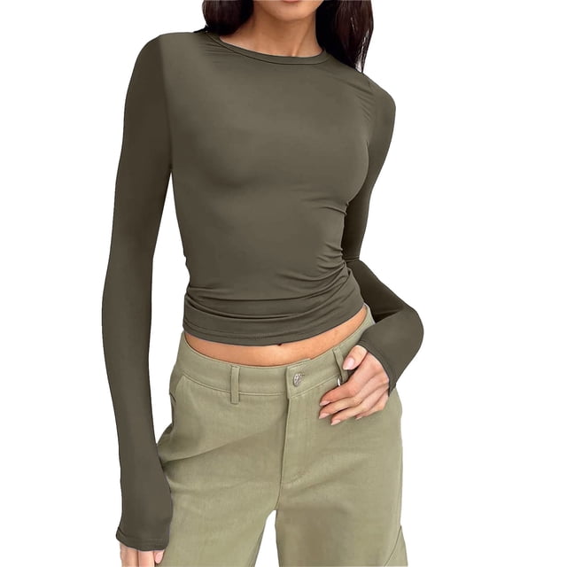 Gibobby Playera Térmica Ligera Camisetas ajustadas de manga larga con cuello redondo para mujer, camiseta básica sólida ajustada ajustada, camisa recortada para entrenamiento y Yoga(Verdinegro, XL)