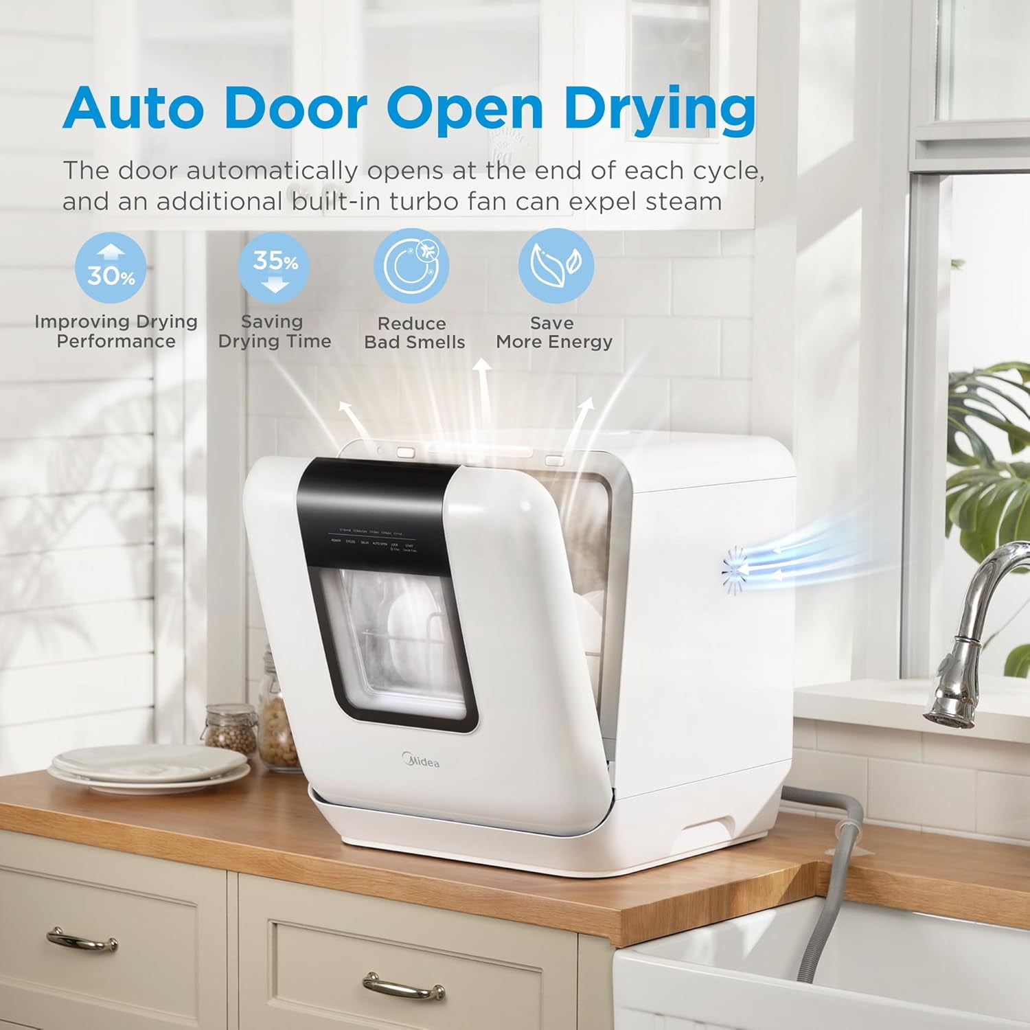 Midea Portable Countertop Dishwasher, 6-Liter Tank, Auto Open Door, 7 Wash Programs, UV Hygiene, White