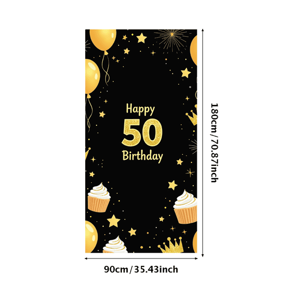 Black Background Glittery Golden 50th Birthday Banner with Crowns Balloons Stars Cakes, Party Decoration Backdrop for Photography Props Birthday Party Celebrations