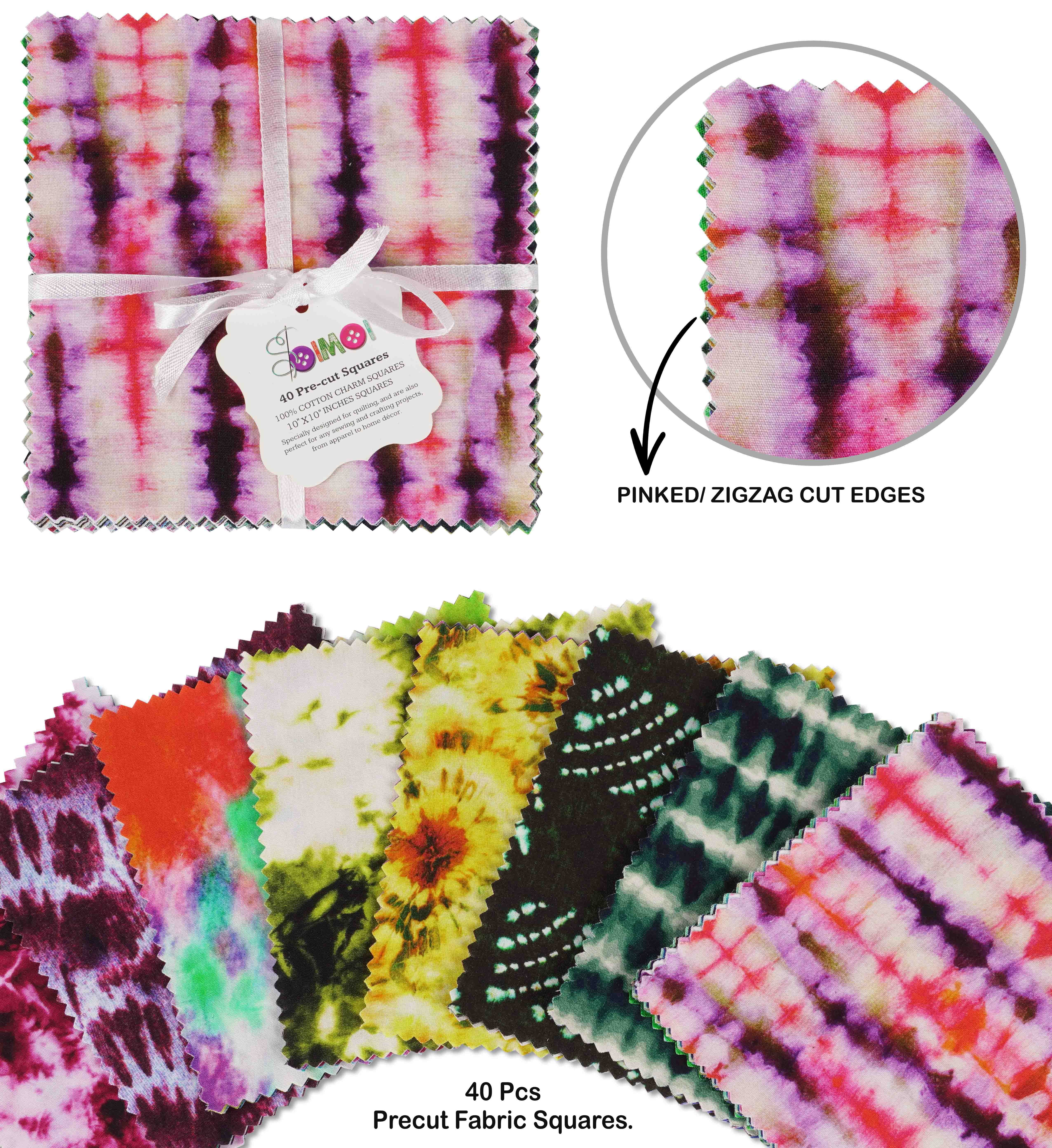 Soimoi Precut 10-inch Tie & Dye Prints Cotton Fabric Bundle Quilting Squares Charm Pack DIY Patchwork Sewing Craft- Multicolor