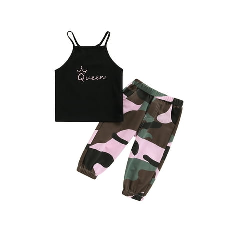

ZIYIXIN Summer Girls Clothes 2pcs Letter Strap Sleeveless Vest Tops Camouflage Printed Pants Sets Black 4-5 Years