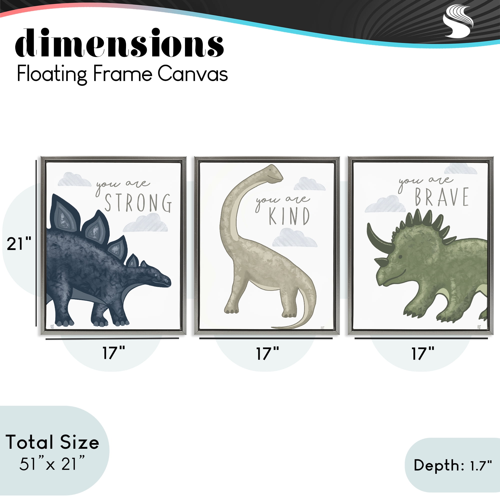 Stupell Industries Hopeful Encouraging Dinosaurs 3 Piece Gray Framed Floater Canvas Set, design by Elizabeth Tyndall