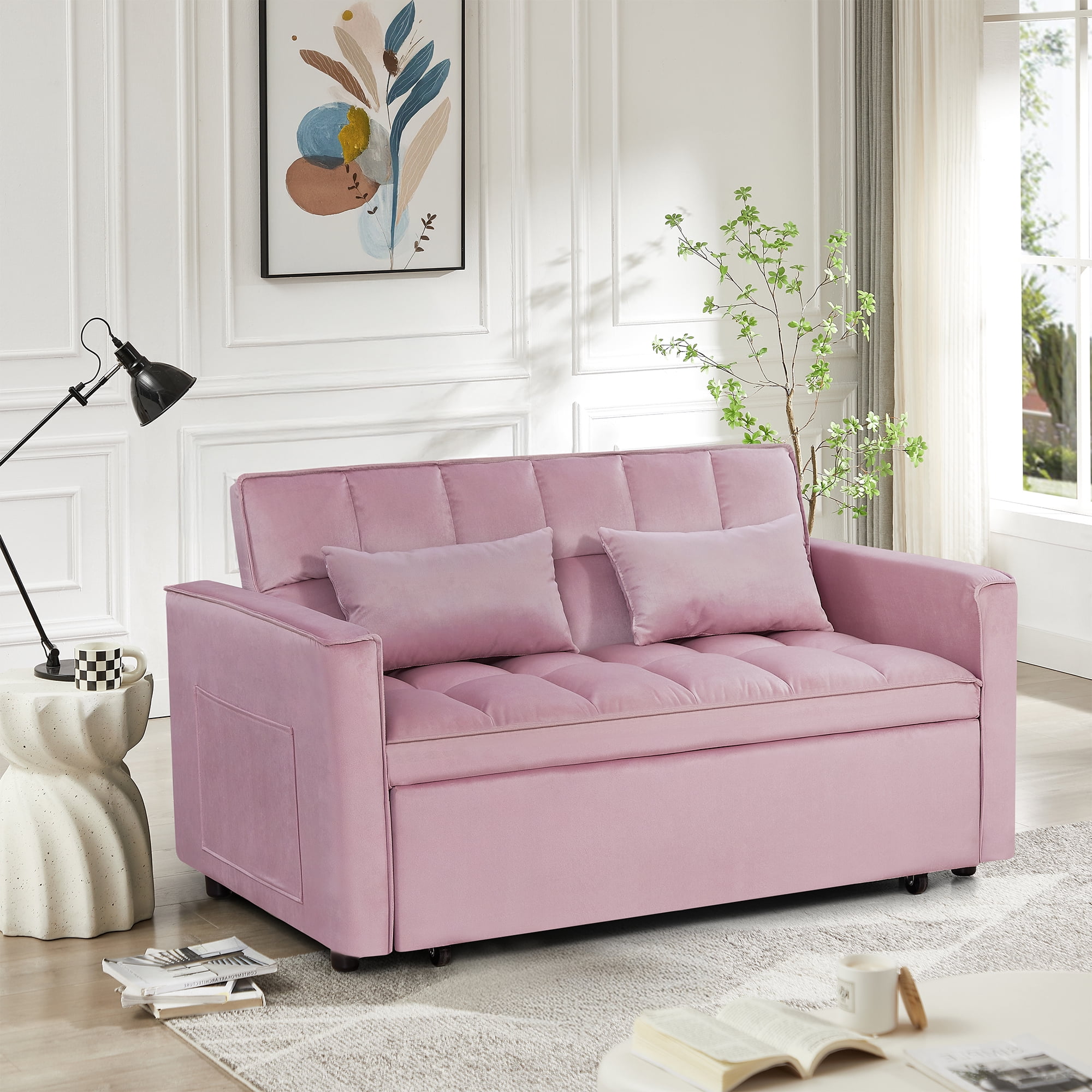 BSHTI 54" Pull-Out Sleeper Sofa Bed, Twin Size with Solid Wood Frame, 3-Position Reclining Back, Velvet Upholstery with Piping, Side Pocket Storage, 2 Pillows Included,Pink