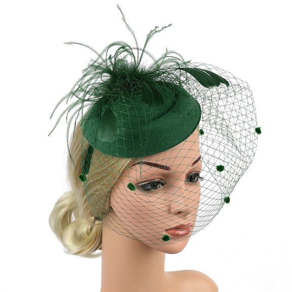 WZXFASHION Tea Party Hats for Women Mesh Feather Decor Hair Fascinators Head Clip Pillbox Hat for Church Wedding Green