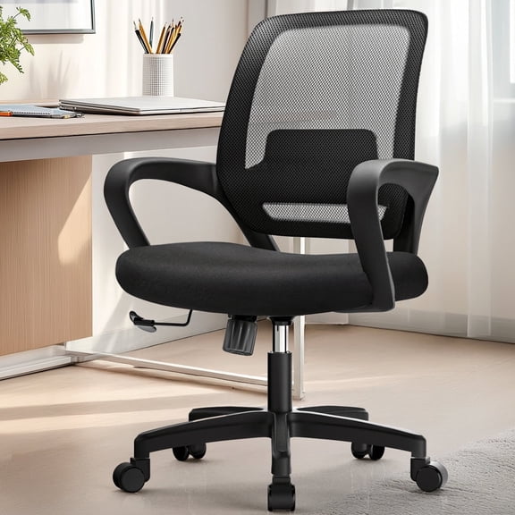 NEO CHAIR Office Desk Mesh Chair Ergonomic Computer Mid-Back Chair with Comfy Lumbar Support Wheels Swivel Adjustable Height Rolling for Home Vanity Bedroom Study (All Black)