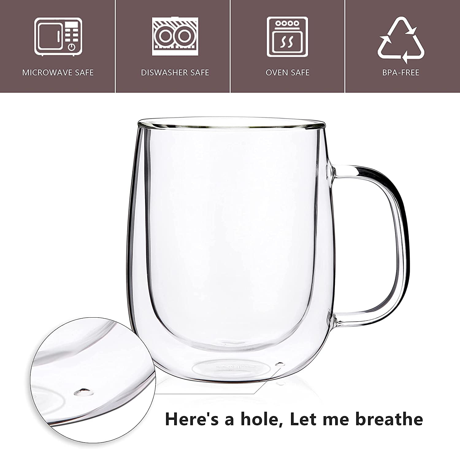 CnGlass Large Double Wall Glass Coffee Mug 15.2oz,Clear Insulated Glass Espresso Cup with Big Handle,set of 2
