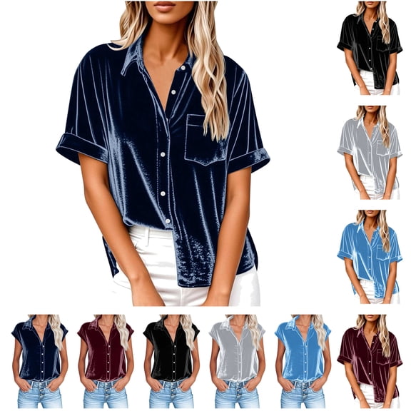 QATAINLAV Velour T Shirts for Women Fall Winter Cap Sleeve Button up Lapel Tank Tops Solid Casual Velvet Vest Tees, Gray, L, Camisas Para Hombres!
