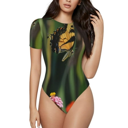 Balery butterflies and floral Women s Short Sleevee Crew Neck Bodysuit Tops Short Sleeve Tops Basic-Medium