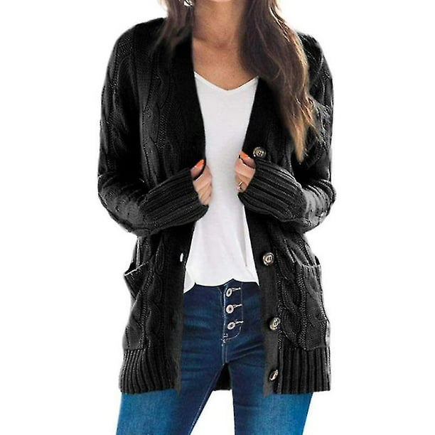 Women Knitted Loose Sweater Long Sleeve Button Cardigan Open Front