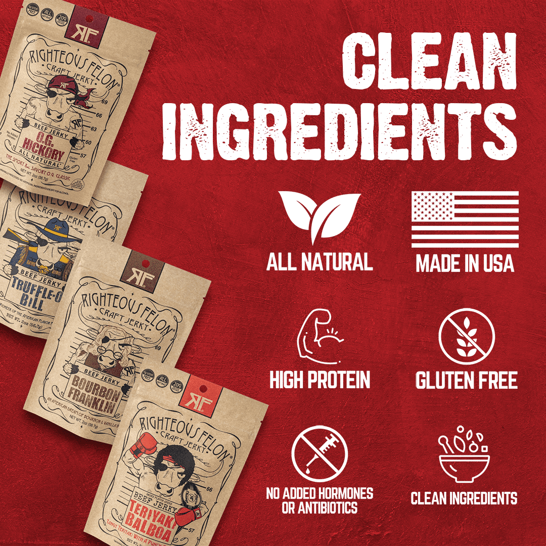 Righteous Felon Savory Beef Jerky 4 Pack - High Protein, Low Sugar, Gluten Free Gifts for Men