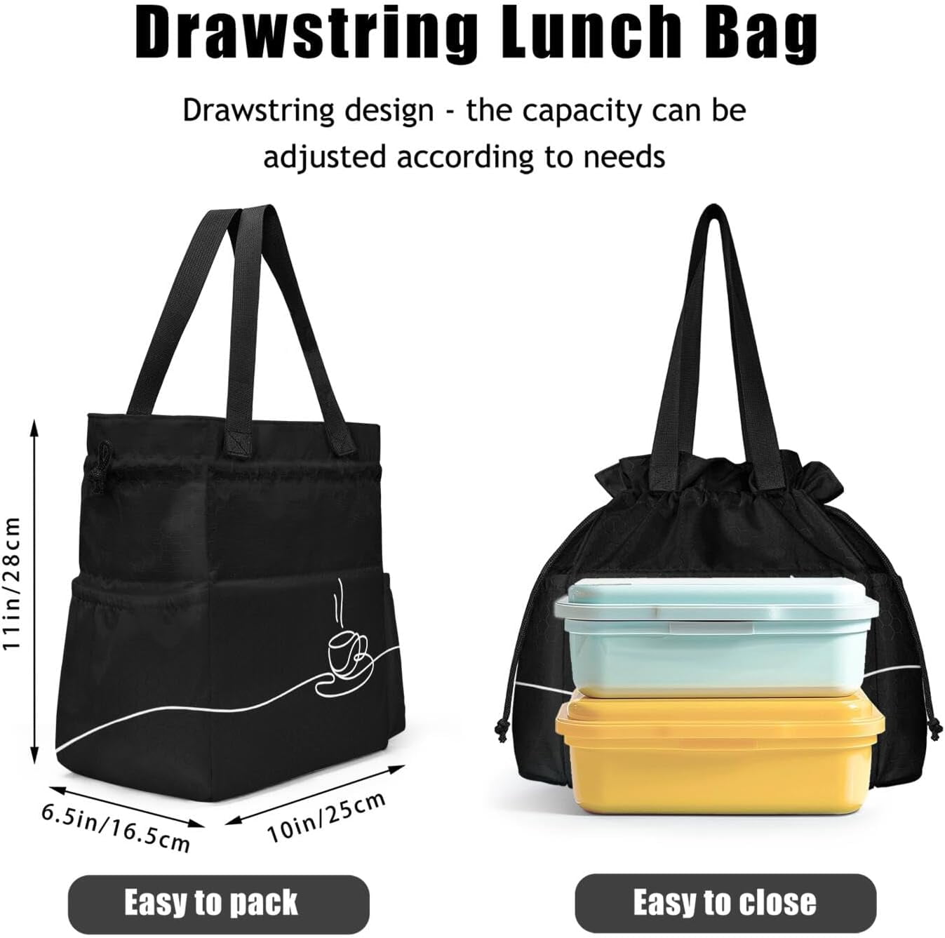 Lunch Bag for Women Insulated Womens Drawstring Lunch Bag for Work, Stain-Resistant Large Lunch Box for Women with Containers, Cinch Closure Cromwell Bag Black Man Reusable Lunch Bag Office