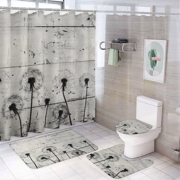 4 Piece Shower Curtain Sets Black And White Dandelions Bath Mat U-Shaped Floor Mat Toilet Lid Oval Rug Nature Plants Bathroom Decor Sets for Bathroom Decor 72inch X 72inch