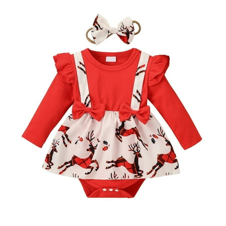 

Aompmsdx Christmas Day Baby Girls Boys Cute Ribbed Romper Dress Long Sleeve O Neck Bowknot Deer Printed Jumpsuit Xmas Outfits Christmas Dress