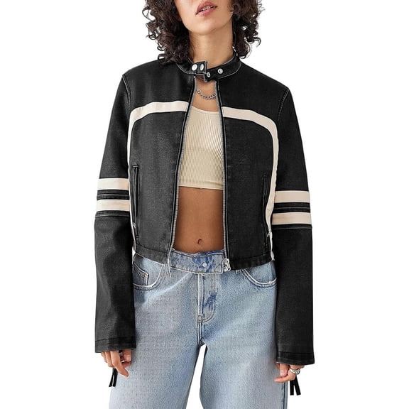 Women's Contrast-Color Stand Collar Faux Leather Cropped Moto Jacket - Black, Long Sleeve, Zip-Up, S-XXL, Spring and Autumn