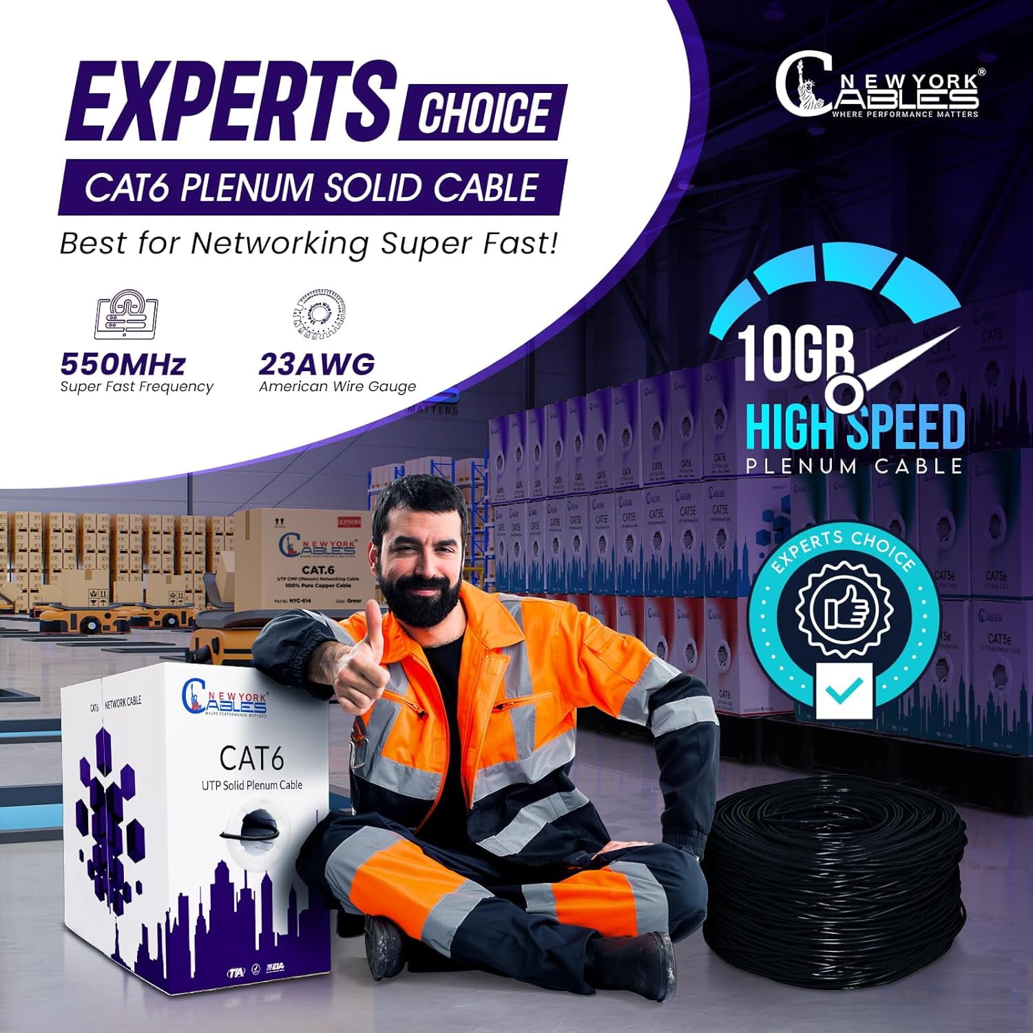 NewYork Cables Cat6 Plenum CCA 1000ft Bulk Ethernet Network LAN Cable UTP 4Pairs 550MHz 23AWG Black