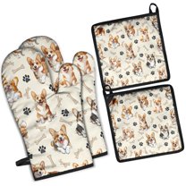 Cartoon Corgi Dog and Footprints Kitchen Oven Mitt and Pot Holder Sets 4 Pcs for Baking, Cooking and Grilling, Heat Resistant Up To 392 °F