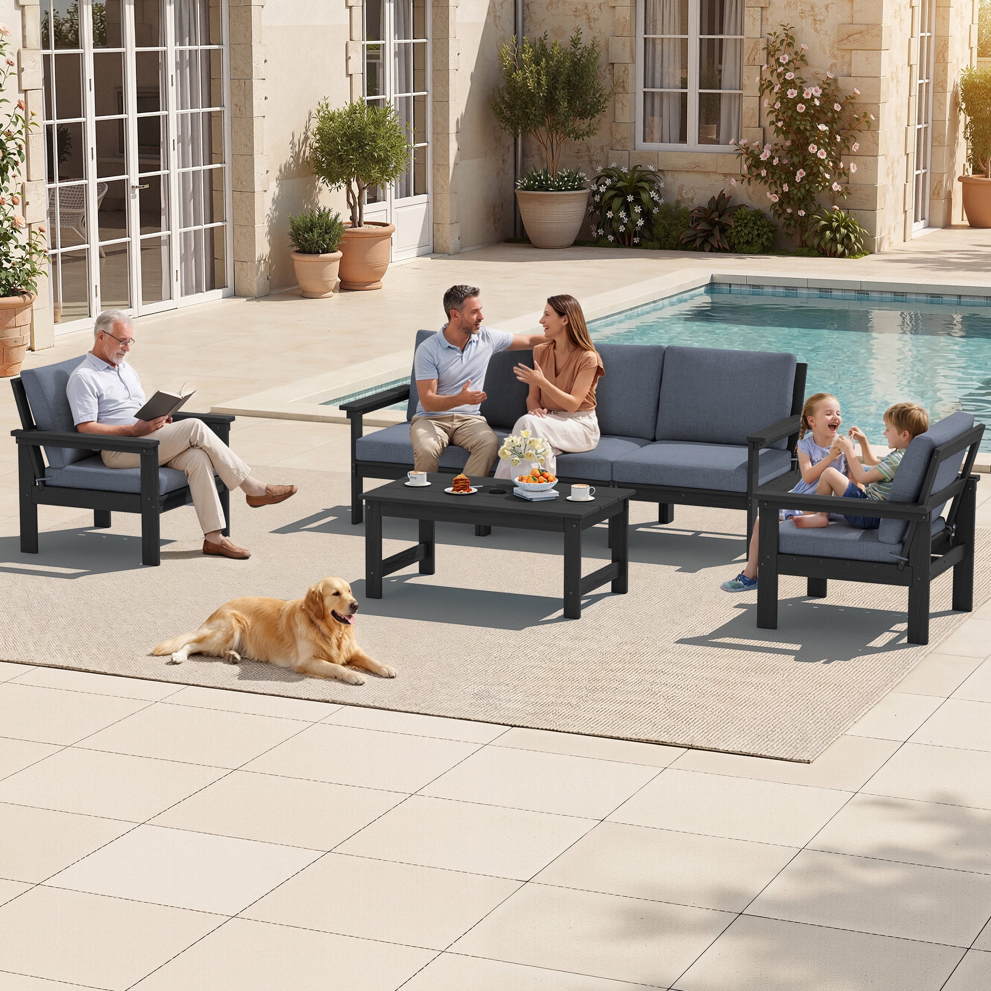 SERWALL Outdoor Patio Furniture Set, 6-Piece HDPE Outdoor Sofa Set Patio Conversation Set, Black Frame with Grey Cushions