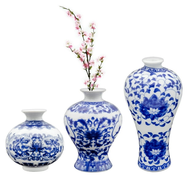 AuldHome Blue and White Chinoiserie Vases (Set of 3); Mini Decorative