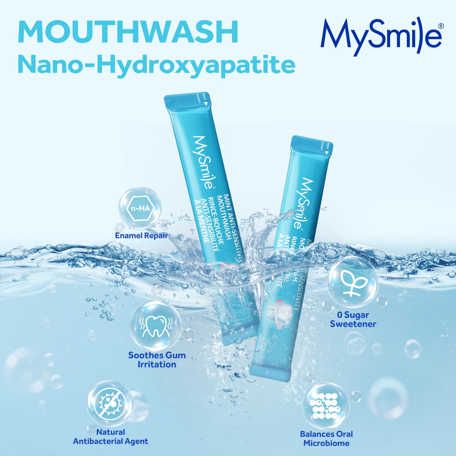 MySmile 10% Nano Hydroxyapatite Anti-Sensitivity Mouthwash, Travel Size Pockets Mouth Wash, Fluoride Free Alcohol-Free Remineralizers, Whitens Teeth, Enamel Strength Oral Rinse, Fresh Mint, 30 Pack
