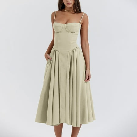 JULMCOMO Corset Dress for Women Casual Spaghetti Straps Midi Dress Ruched Sleeveless Long Dress Vintage a Line Beach Dress with Pocket Green L