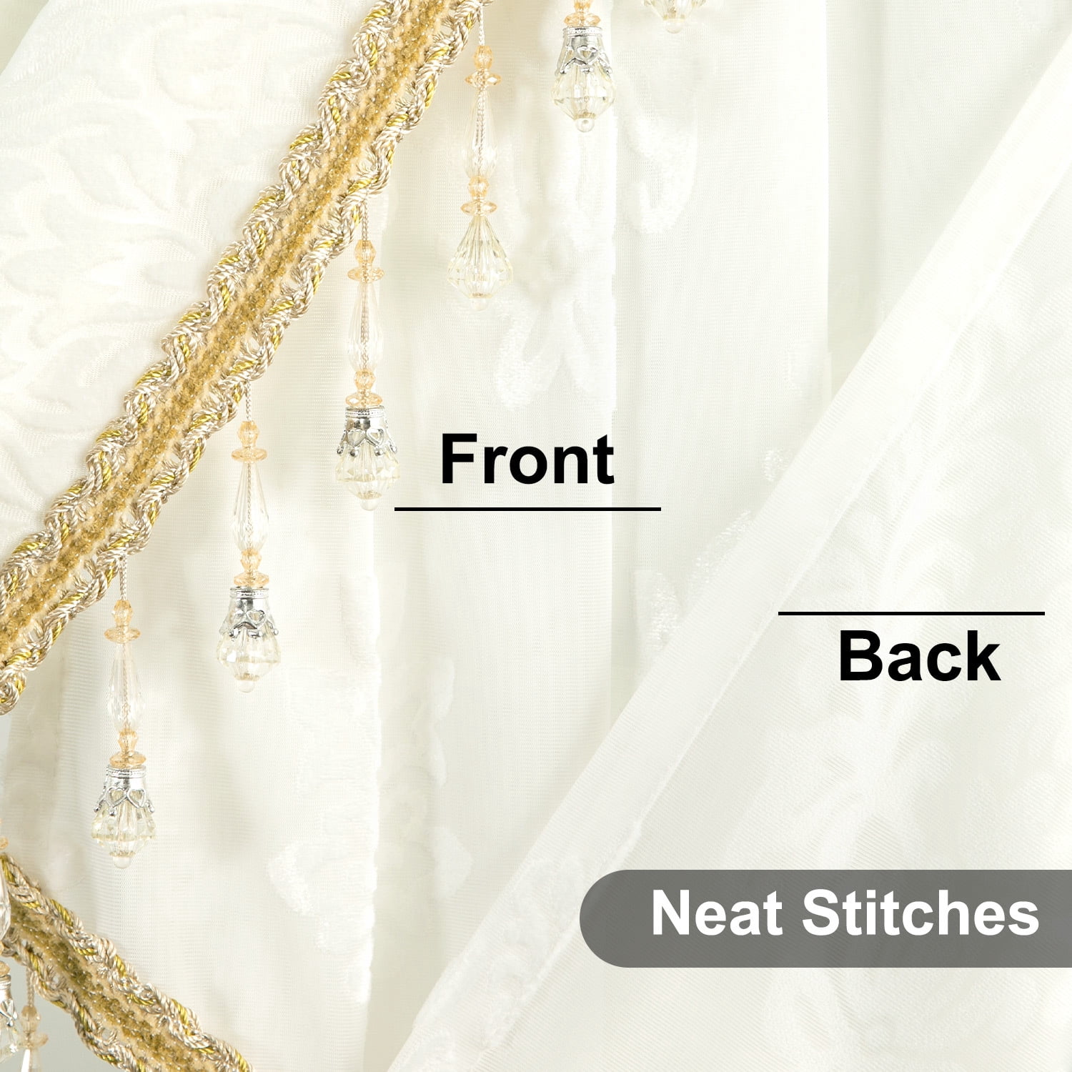 VOGOL Farmhouse Waterfall Valance - Vintage Damask Jacquard Voile with Beaded Tassels, Semi-Sheer Rod Pocket Window Topper for Bedroom Living Room, 39x43 Inch, White