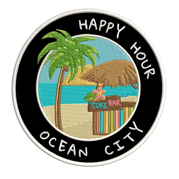 Happy Hour! Ocean City, Maryland 3.5 Inch Iron Or Sew On Embroidered Fabric Badge Patch Ocean Beach, Salt Life Iconic Series