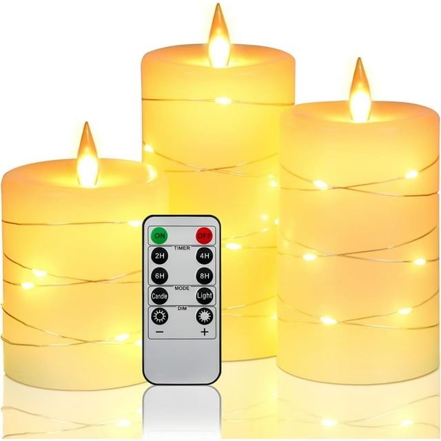 Flameless Candles, with Embedded String Lights, Da by 3-Piece LED Candles, with 10-Key Remote Control, 24-Hour Timer Function, Dancing Flame, Real Wax, Battery-Powered(Batteries not Included).