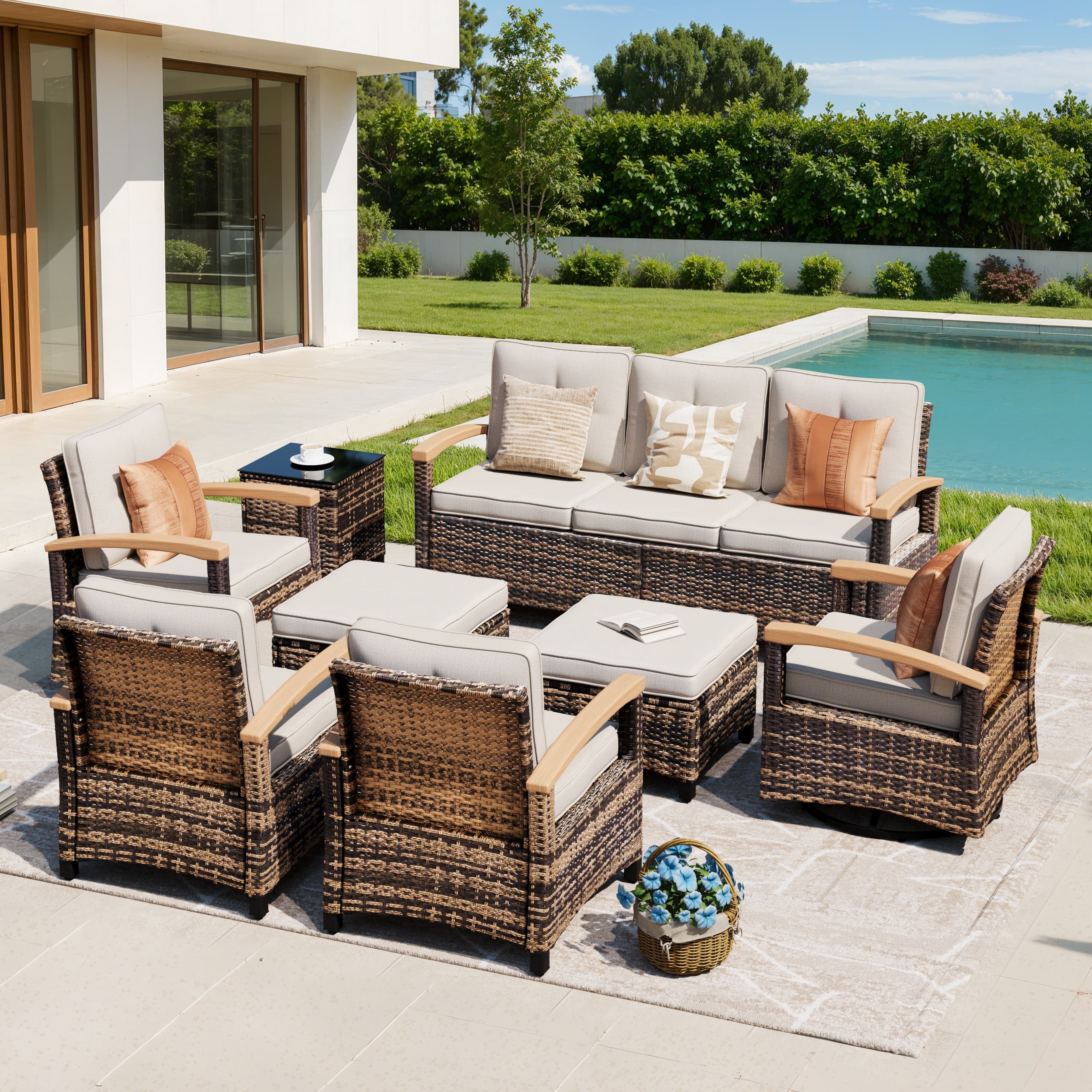 MEISSALIVVE 8 Pieces Outdoor Patio Furniture Sets, Wicker Patio Conversation Sets with 2 Wood Armrests Swivel Glide Chairs,2 Single Chairs, 3-seat Sofa and Coffee Table(Beige)