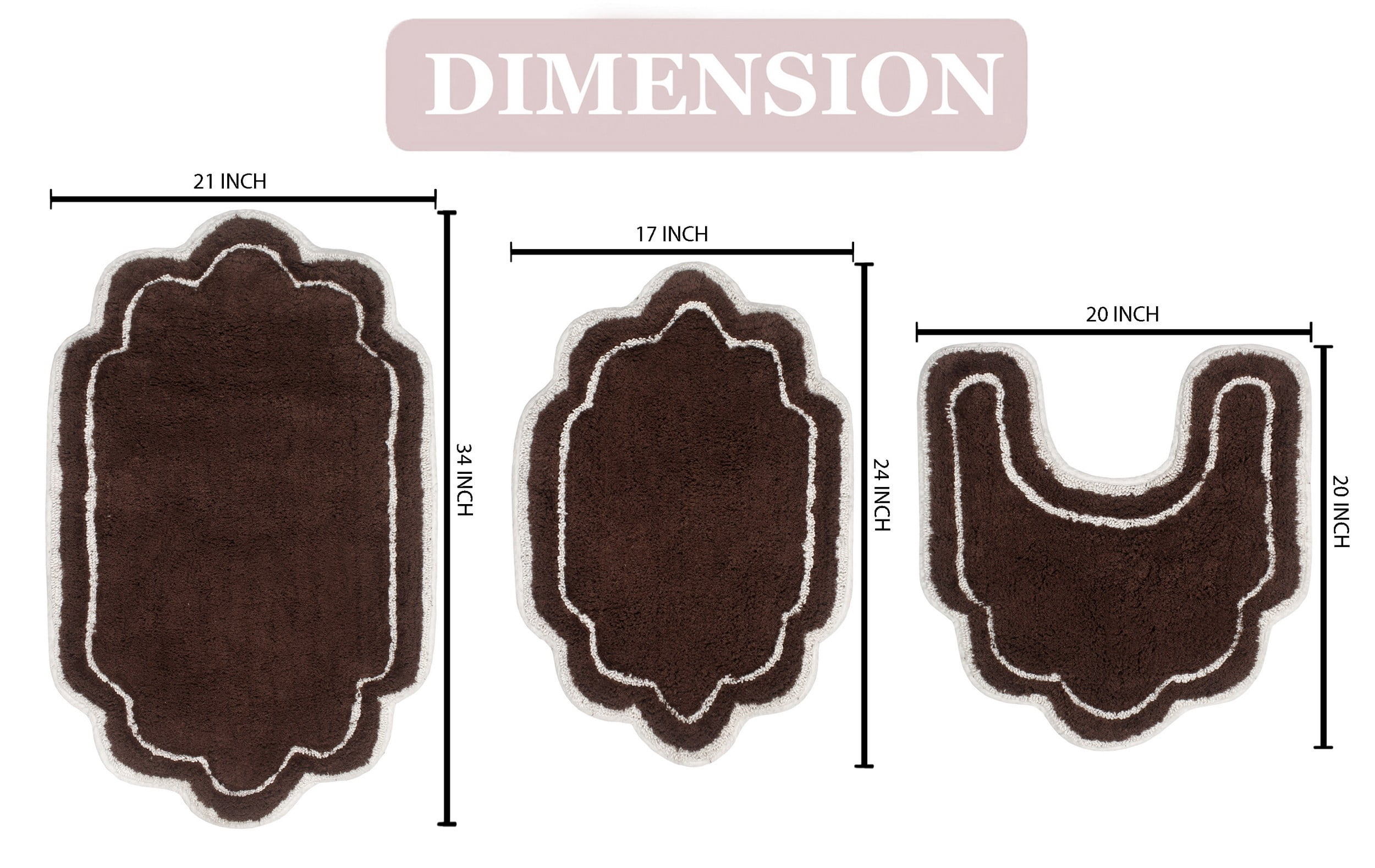 Home Weavers Allure Collection 100% Cotton Non-Slip Bathroom Rug Set Machine Washable Bathroom Rug-17"x24", Bath Rug- 21"x34", U Shaped Contour- 20"x20", Brown Color 3 Piece Bath Rug set