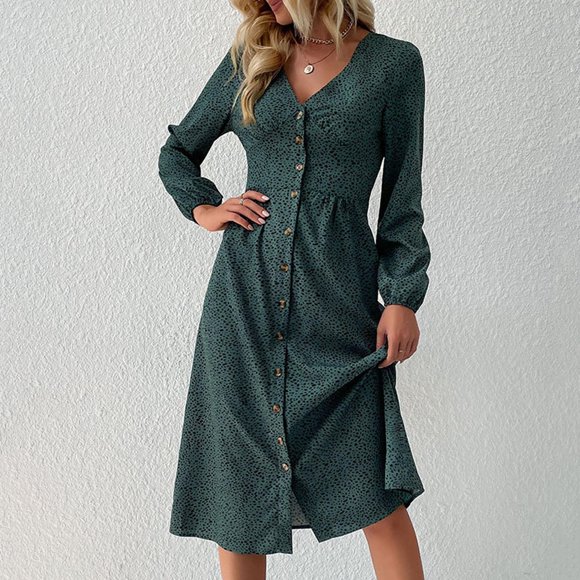 Soldes! Cameland Robe Mini Plissée à Manches Longues à Col en V Imprimée Décontractée pour Femme