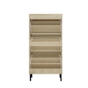 Hassch Rattan Shoe Cabinet for Entryway, Hidden Shoes Storage Cabinet, Boho Narrow Shoe Organizer with 3 Flip Drawers, Freestanding Wood Shoe Cabinet with Metal Legs for Foyer, Hallway (Natural)