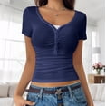 thumbnail image 4 of FRSASU Womens Short Sleeve Shirts V Neck Rib Knit Slim Fit Tops Casual Stretch Basic Tee Going Out Top Summer Fashion Blue, 4 of 6